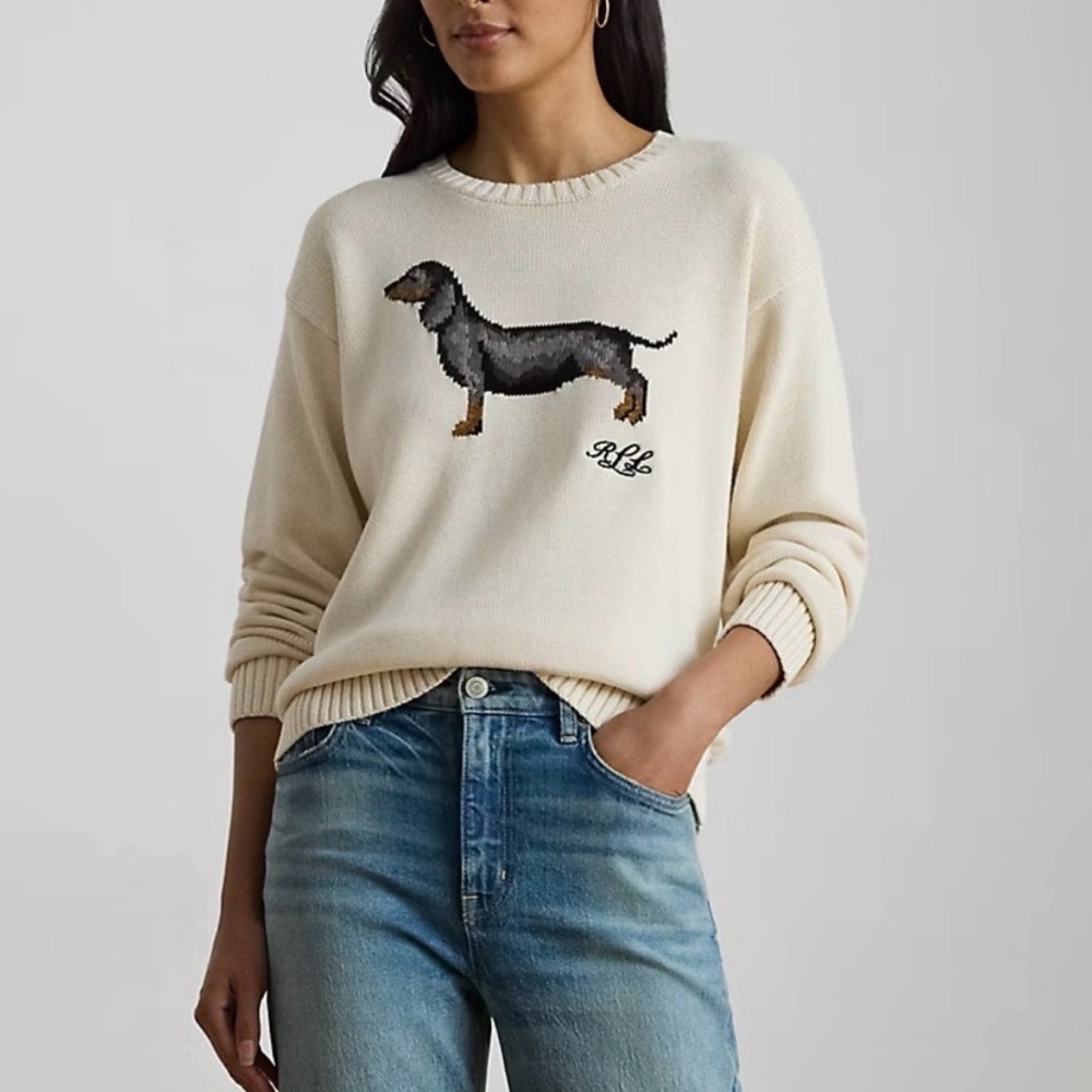 NWOT Ralph Lauren Cream Crewneck Sweater with Dachshund Intarsia - Picture 1 of 7
